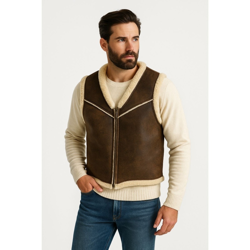 Polo Ralph Lauren Shearling Lined Leather Vest Western Gilet Mens M Brown Rare